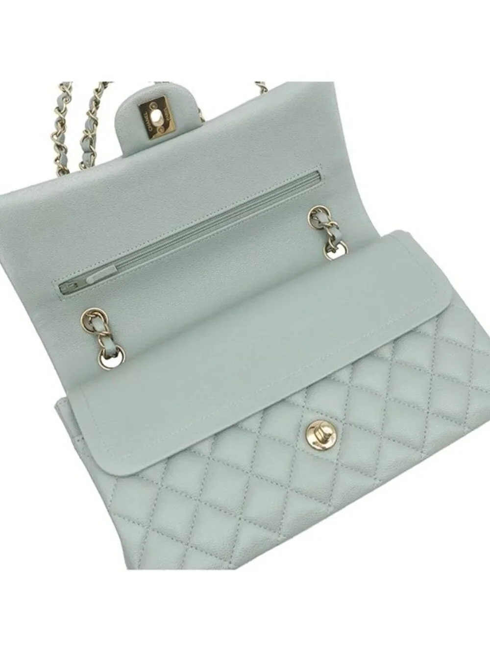 Chanel Shoulder Bag Quilted 25 Double Flap Caviar Leather Green Gold Chain